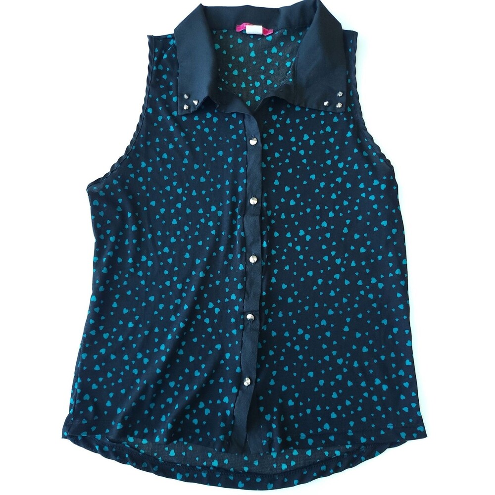 Julie's Closet Sleeveless Button Down Blouse Studded Trim Turquoise Heart - 1X